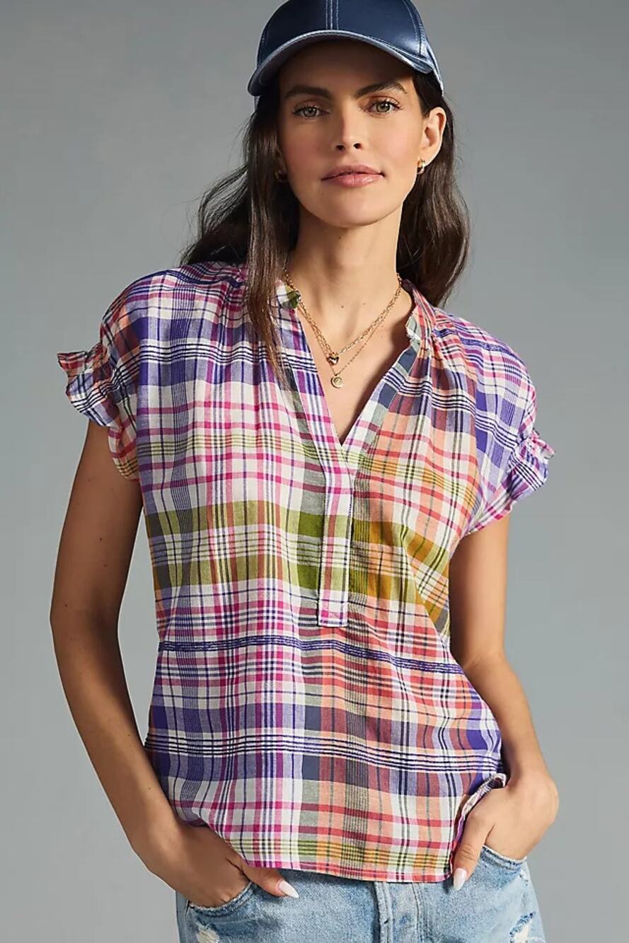 Pilcro by Anthropologie Deep-V Short-Sleeve Blouse Womens XS Multi Plaid Cotton